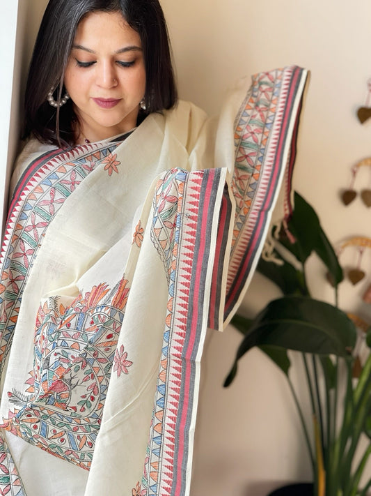 Handpainted Madhubani Dupatta in Pure Cotton - Masakalee