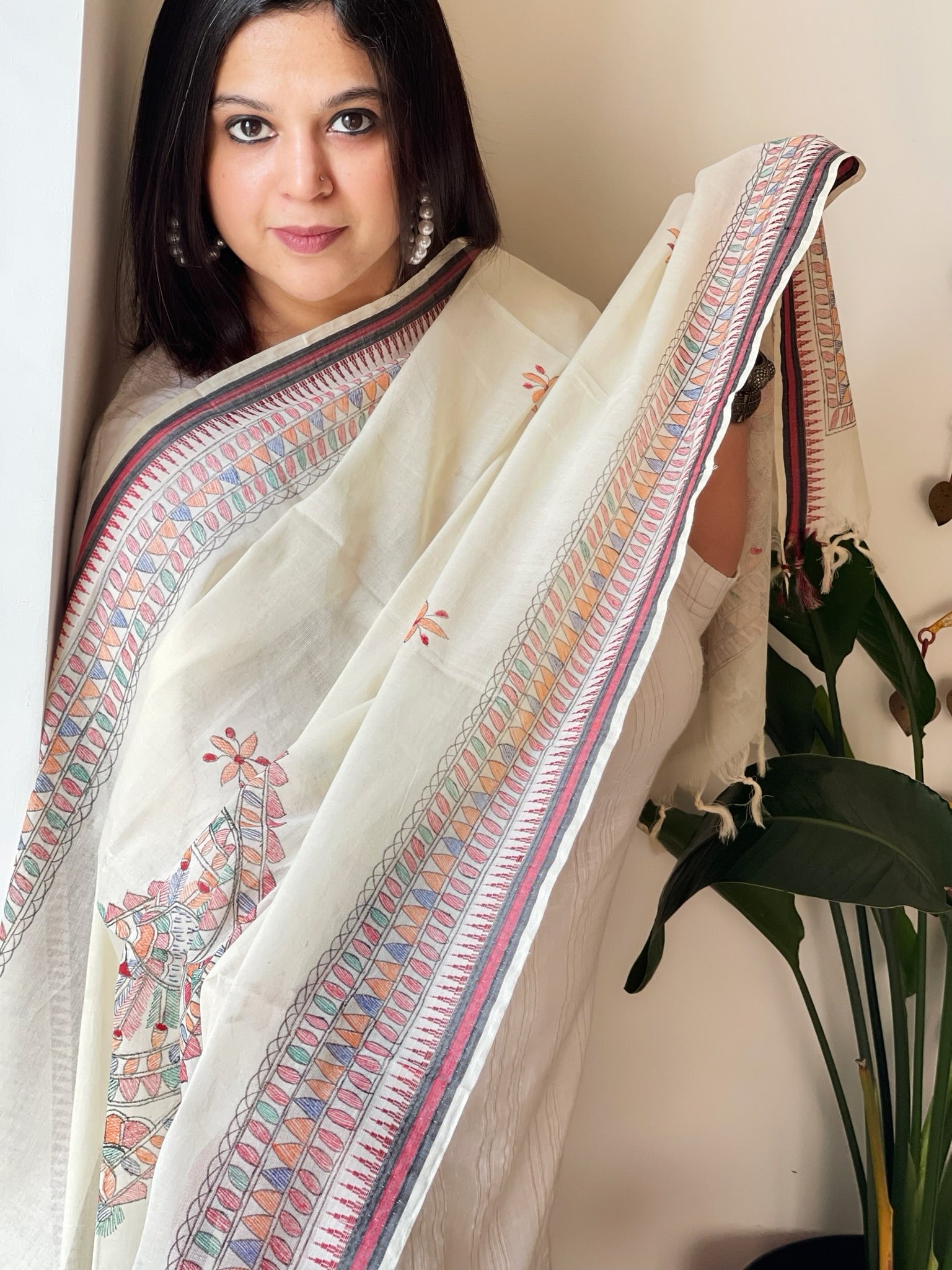 Handpainted Madhubani Dupatta in Pure Cotton - Masakalee