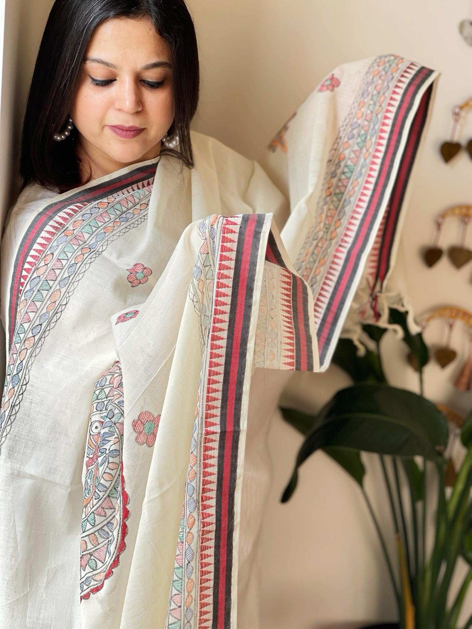 Handpainted Madhubani Dupatta in Pure Cotton - Masakalee