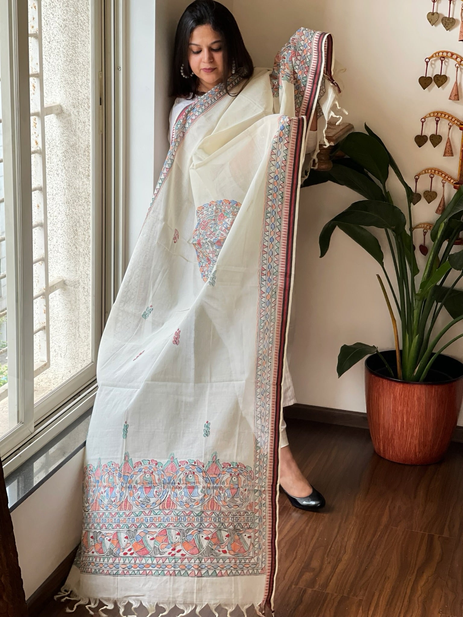 Handpainted Madhubani Dupatta in Pure Cotton - Masakalee