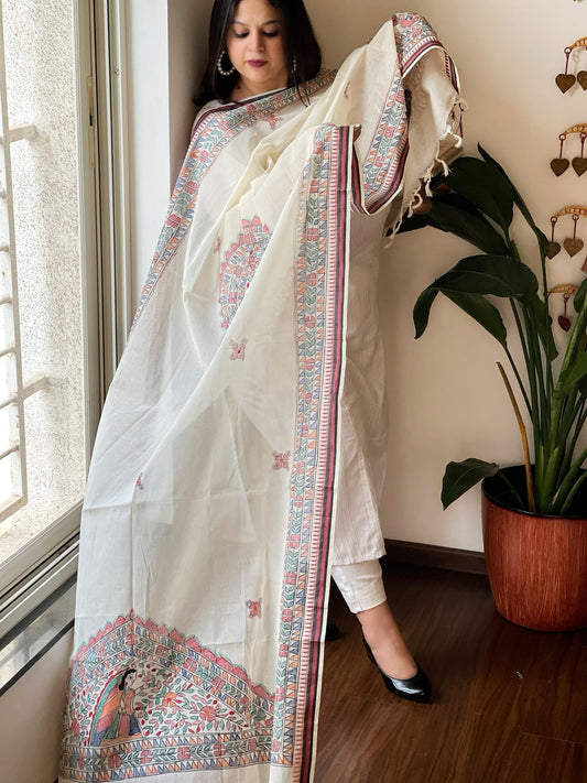 Handpainted Madhubani Dupatta in Pure Cotton - Masakalee