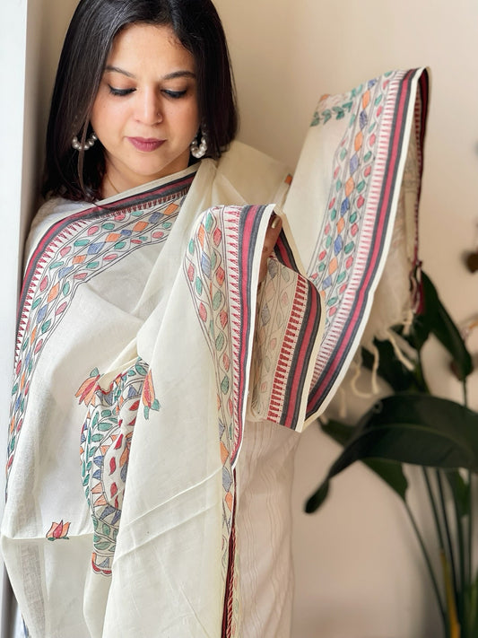 Handpainted Madhubani Dupatta in Pure Cotton - Masakalee