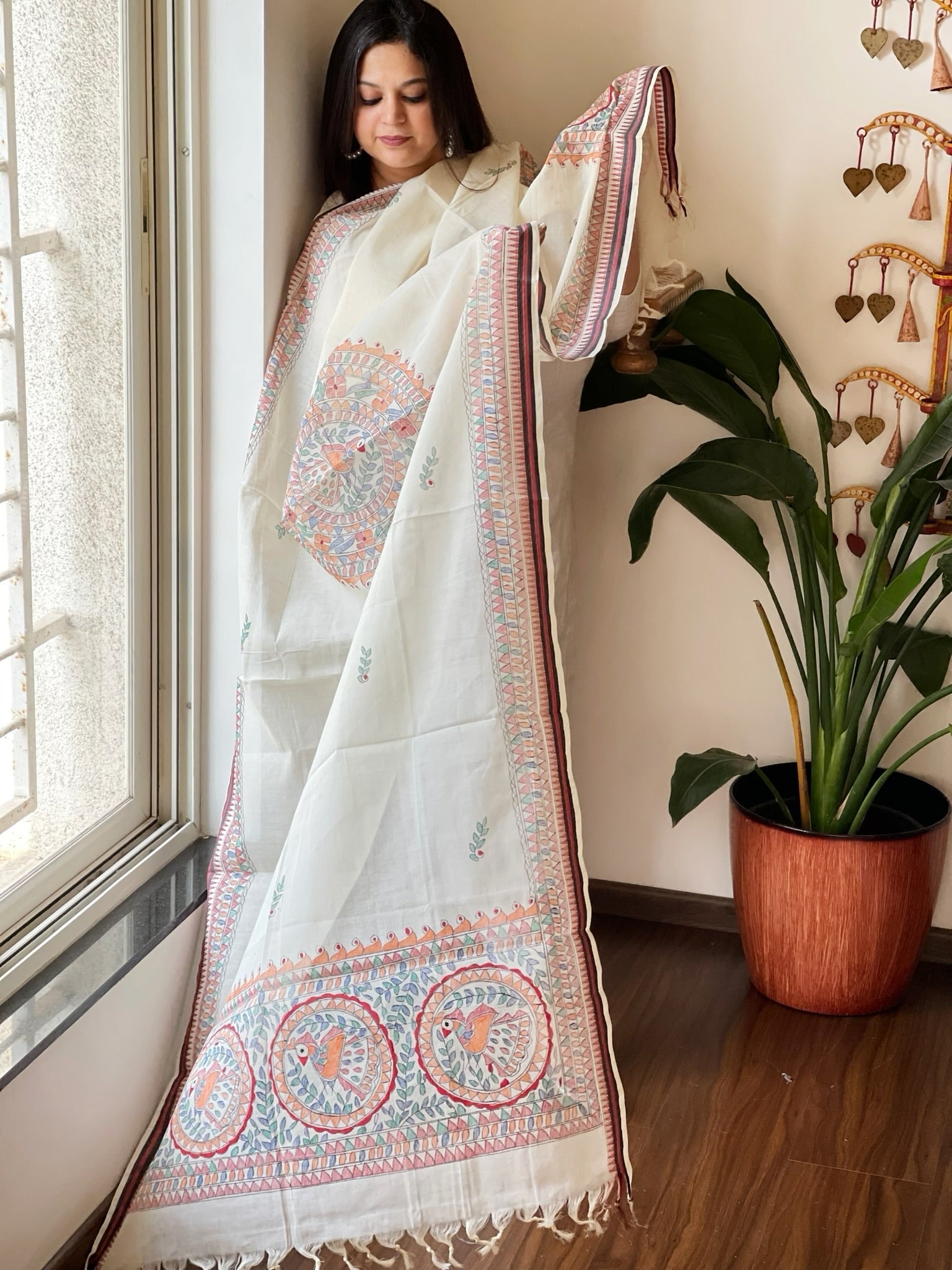 Handpainted Madhubani Dupatta in Pure Cotton - Masakalee