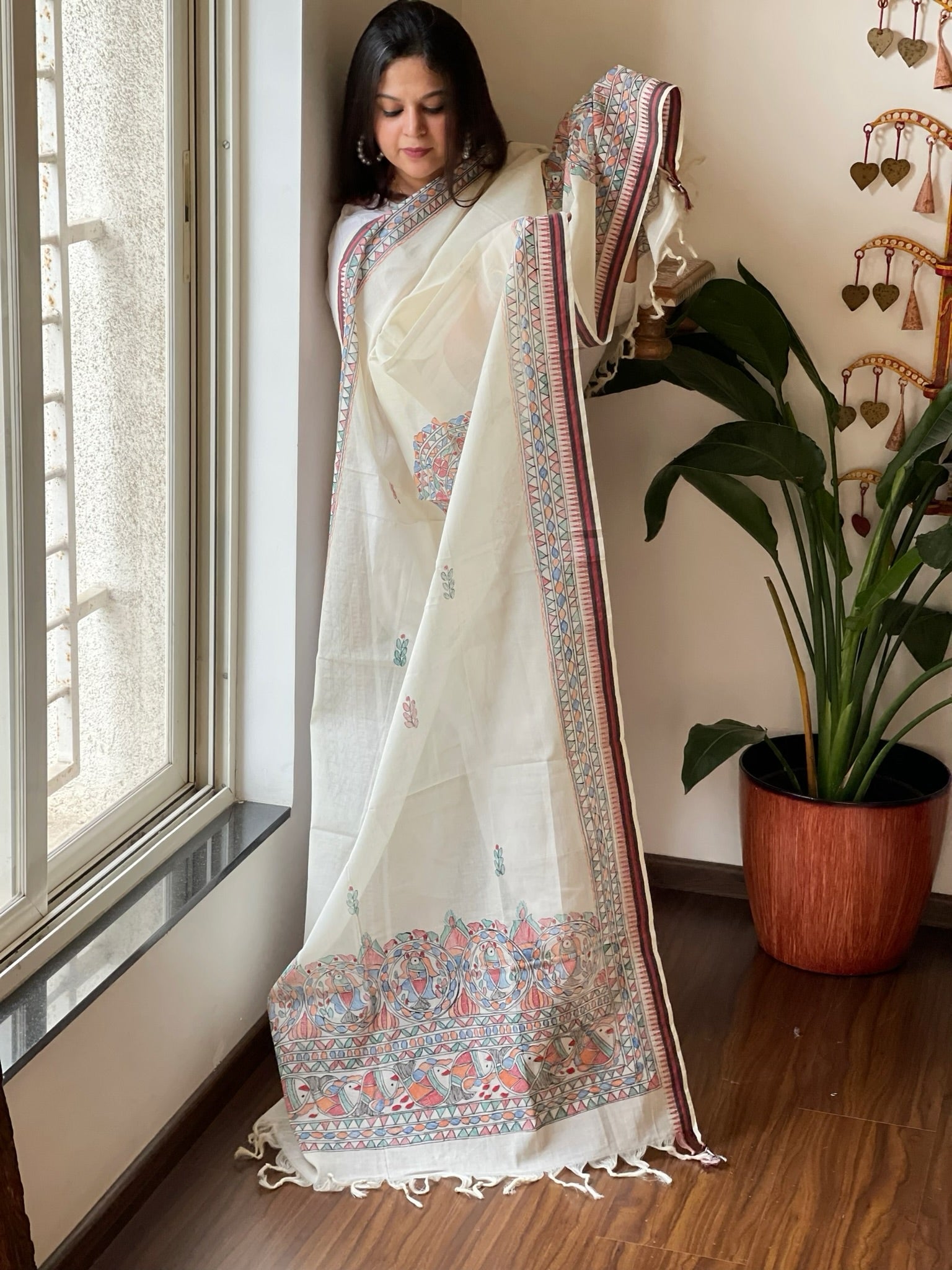 Handpainted Madhubani Dupatta in Pure Cotton - Masakalee