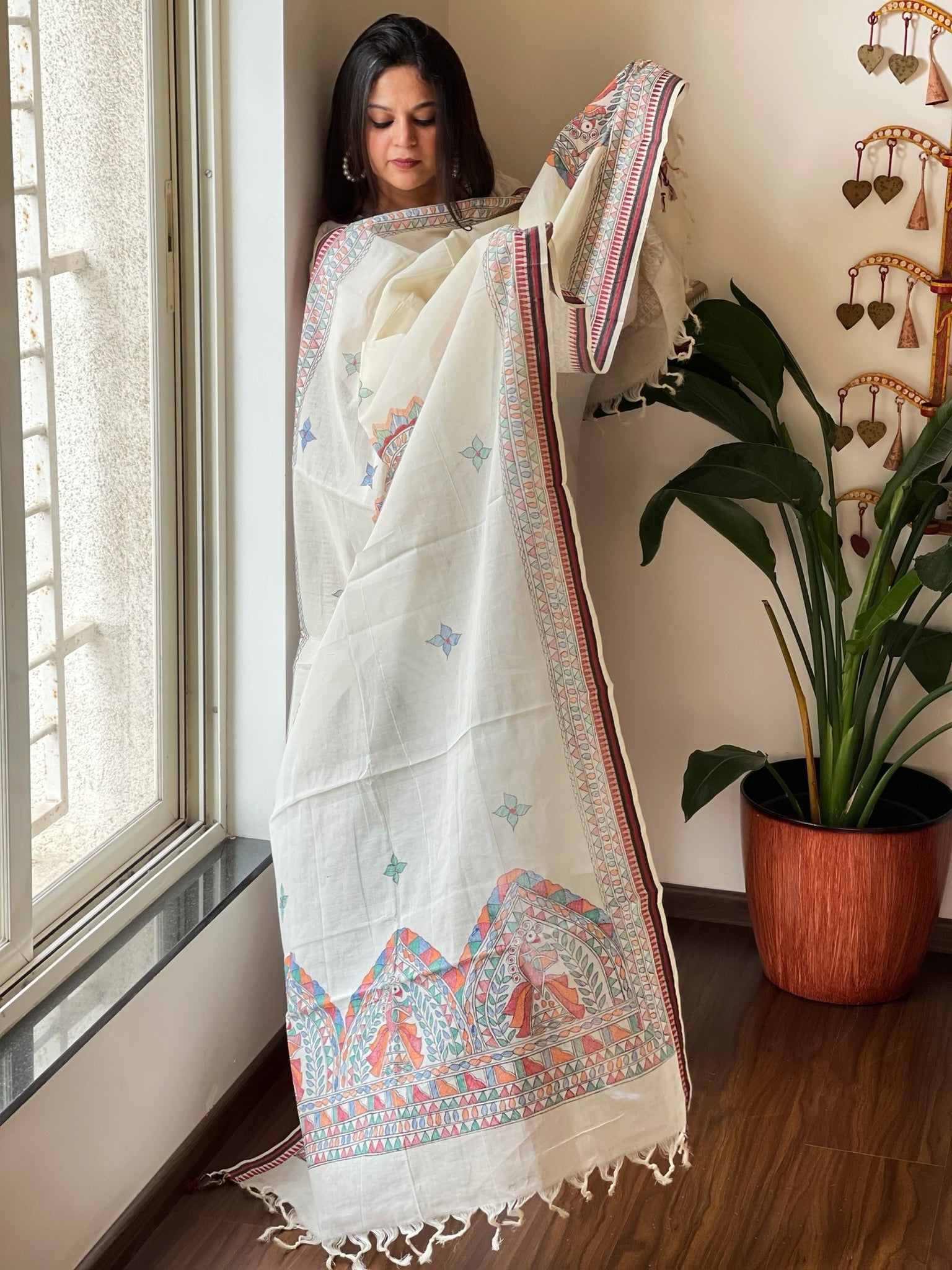 Handpainted Madhubani Dupatta in Pure Cotton - Masakalee