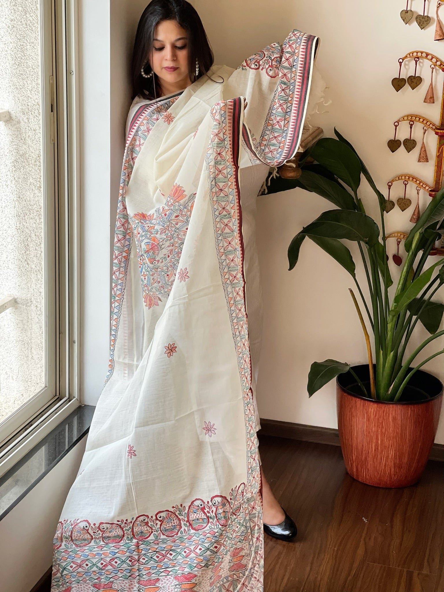 Handpainted Madhubani Dupatta in Pure Cotton - Masakalee