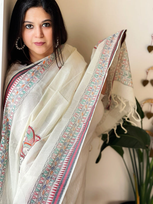 Handpainted Madhubani Dupatta in Pure Cotton - Masakalee