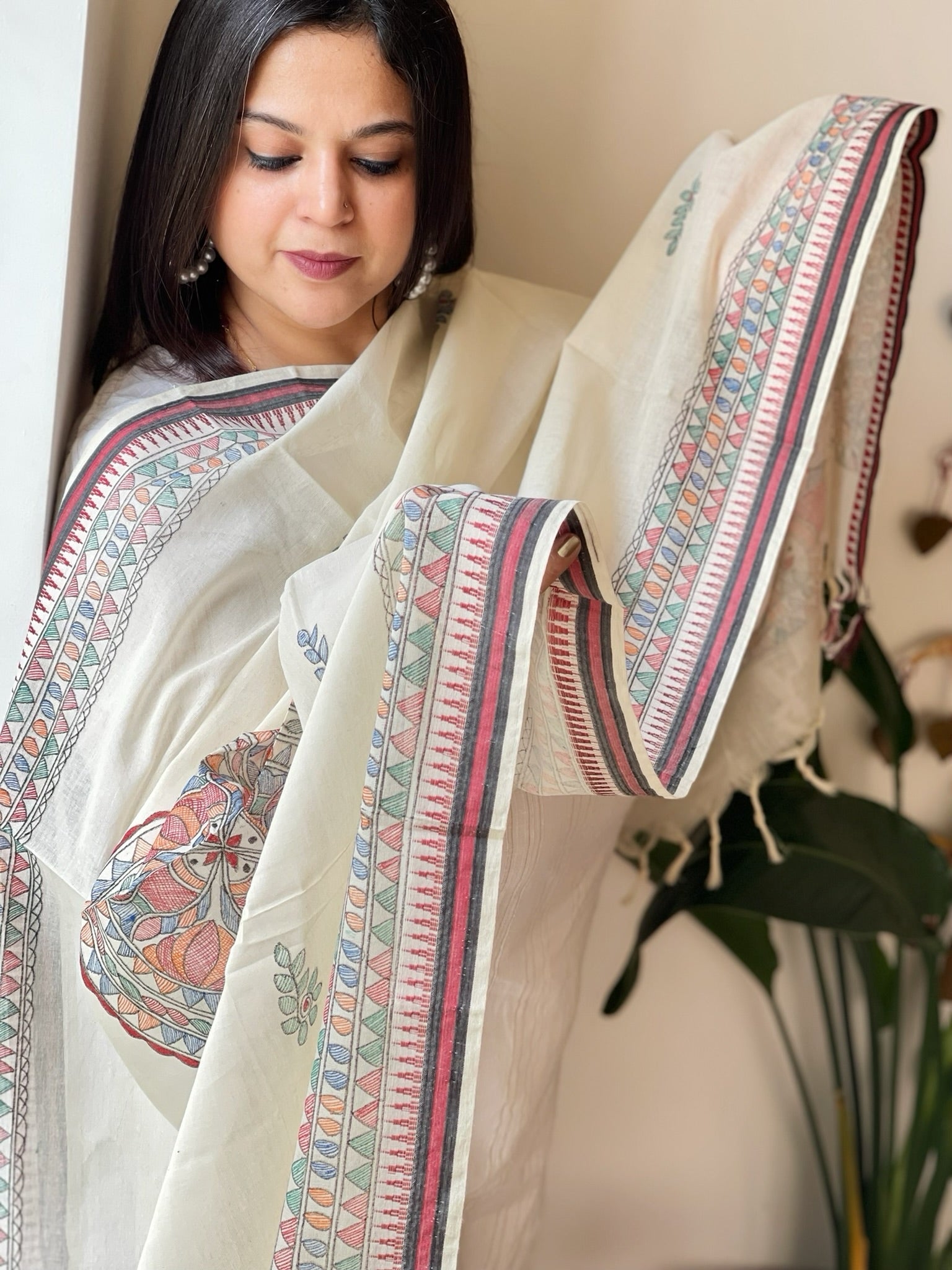 Handpainted Madhubani Dupatta in Pure Cotton - Masakalee