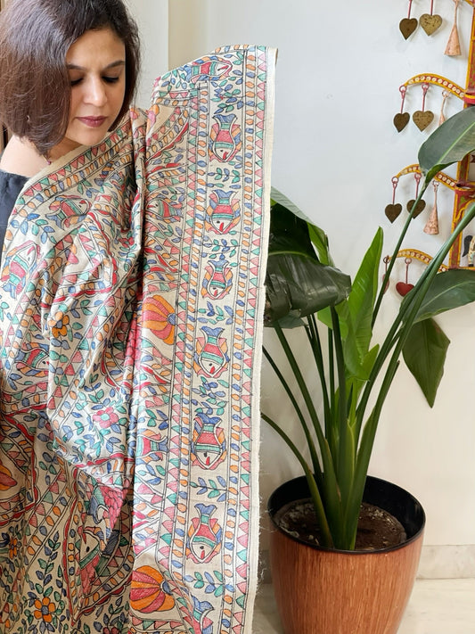 Handpainted Madhubani Dupatta in Pure Tussar Silk - Masakalee
