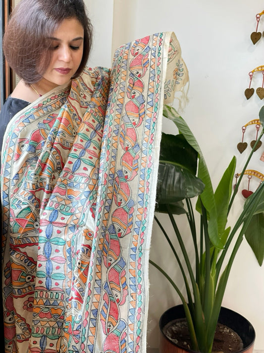 Handpainted Madhubani Dupatta in Pure Tussar Silk - Masakalee