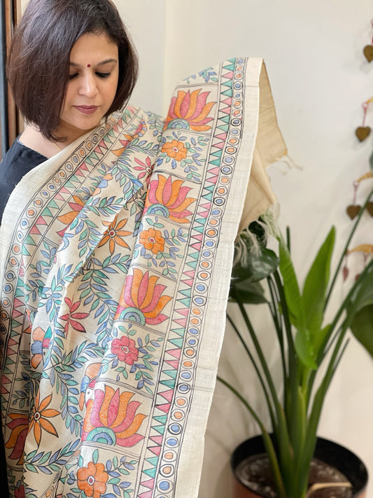 Handpainted Madhubani Dupatta in Pure Tussar Silk - Masakalee