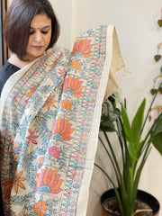 Handpainted Madhubani Dupatta in Pure Tussar Silk - Masakalee