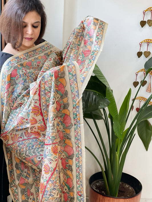Handpainted Madhubani Dupatta in Pure Tussar Silk - Masakalee