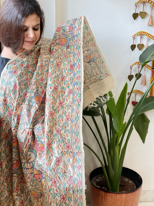 Handpainted Madhubani Dupatta in Pure Tussar Silk - Masakalee