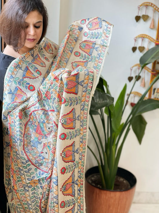 Handpainted Madhubani Dupatta in Pure Tussar Silk - Masakalee