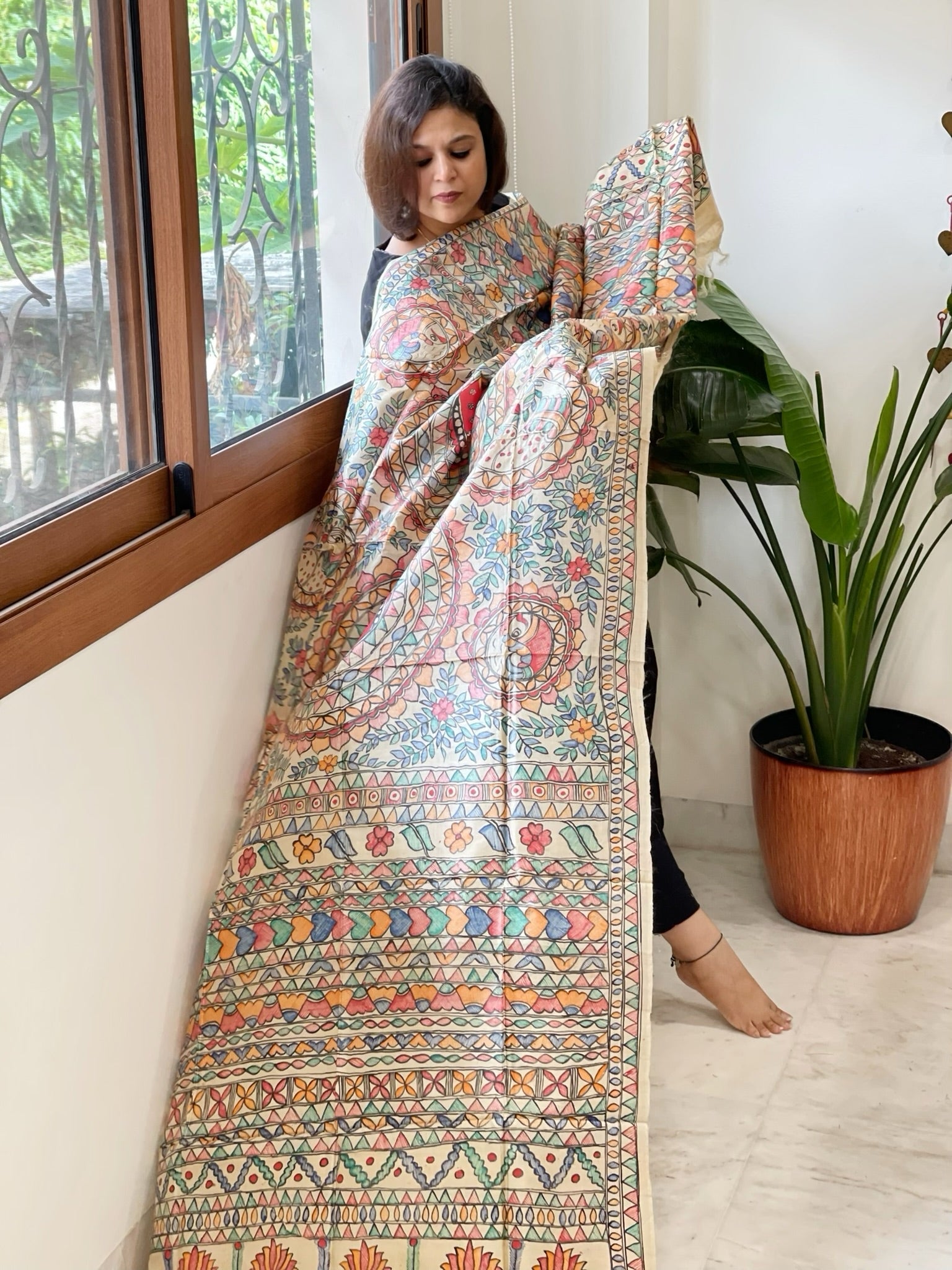 Handpainted Madhubani Dupatta in Pure Tussar Silk - Masakalee