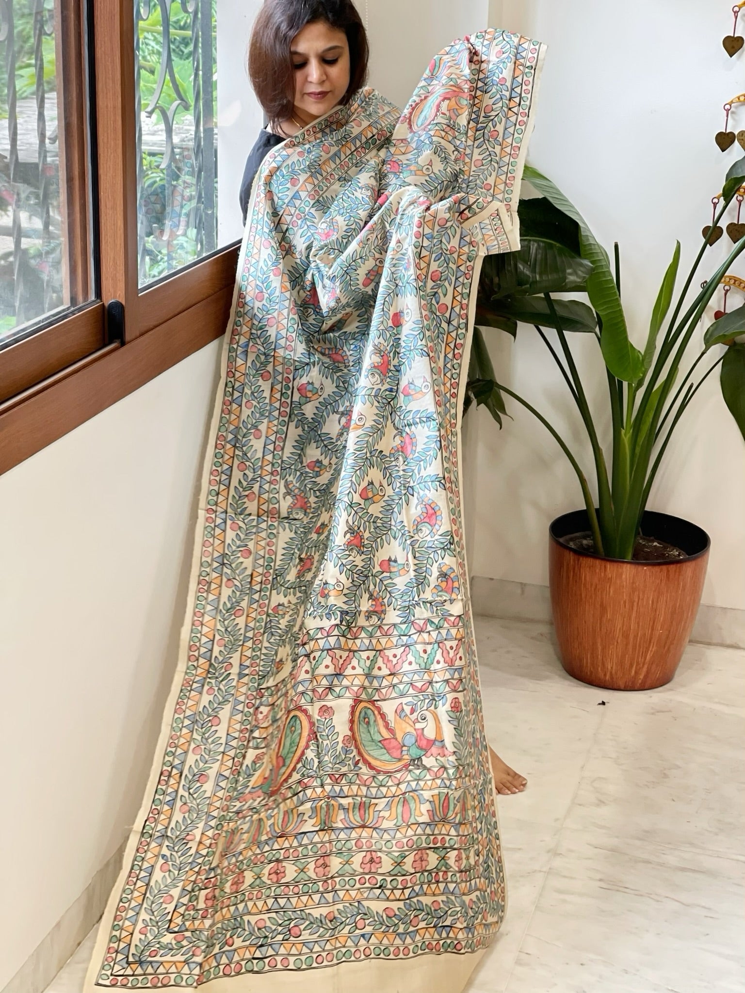 Handpainted Madhubani Dupatta in Pure Tussar Silk - Masakalee
