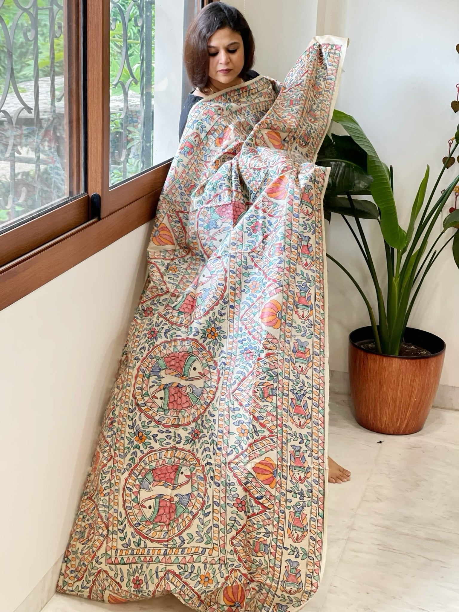 Handpainted Madhubani Dupatta in Pure Tussar Silk - Masakalee
