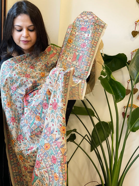Handpainted Madhubani Dupatta in Pure Tussar Silk - Masakalee