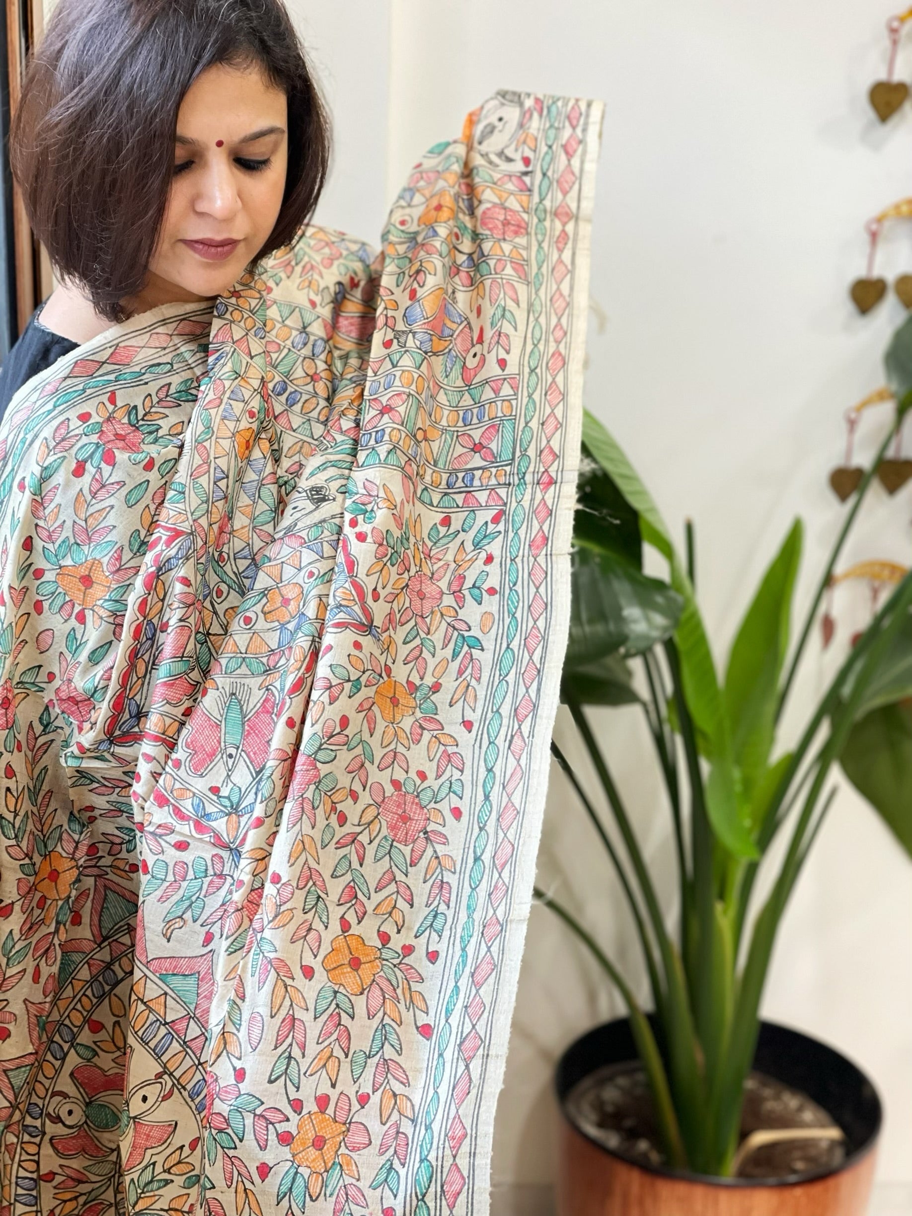 Handpainted Madhubani Dupatta in Pure Tussar Silk - Masakalee