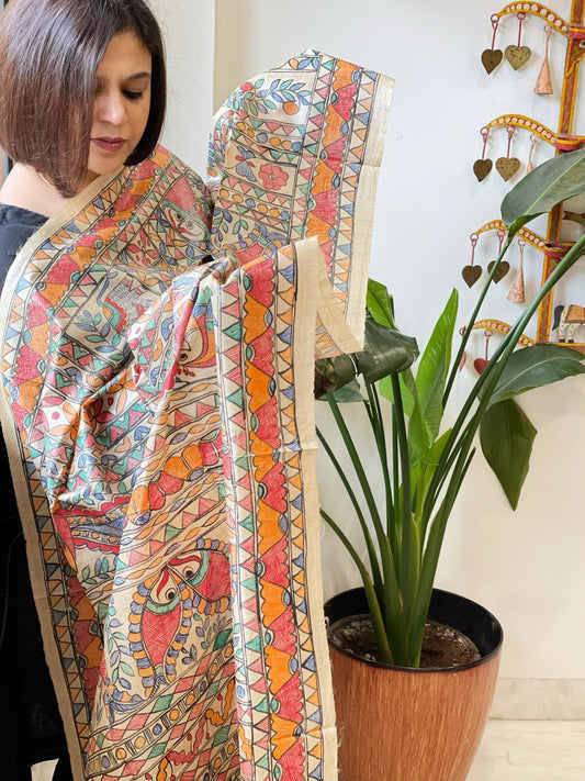 Handpainted Madhubani Dupatta in Pure Tussar Silk - Masakalee
