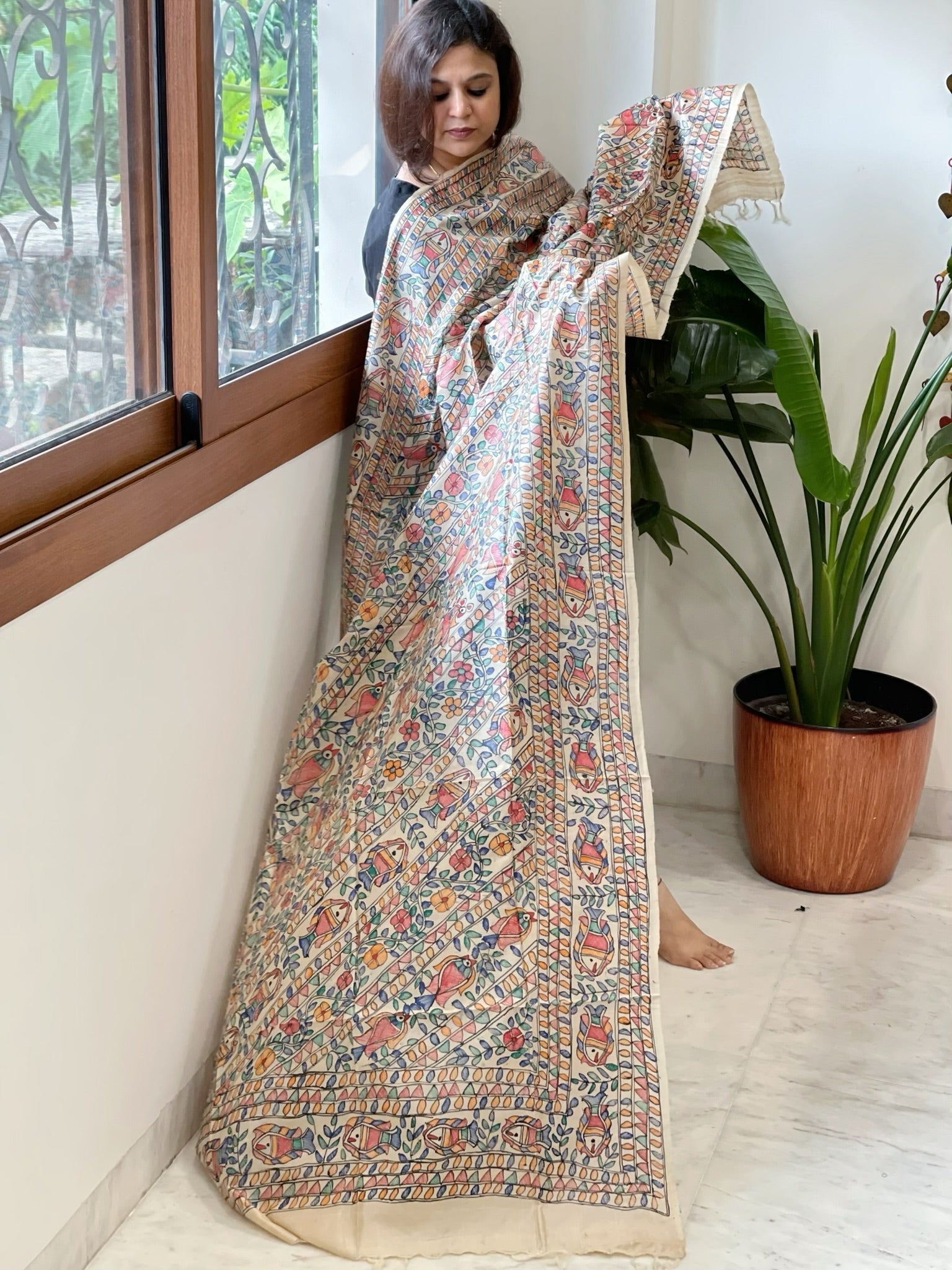 Handpainted Madhubani Dupatta in Pure Tussar Silk - Masakalee