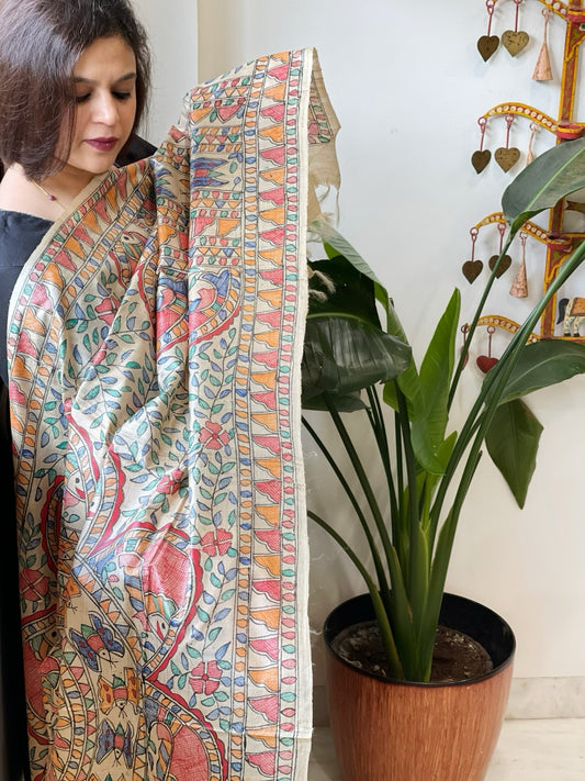 Handpainted Madhubani Dupatta in Pure Tussar Silk - Masakalee