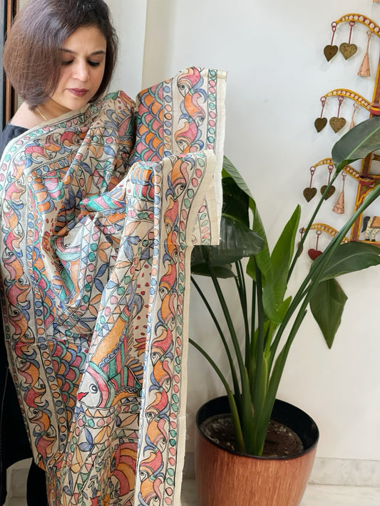 Handpainted Madhubani Dupatta in Pure Tussar Silk - Masakalee