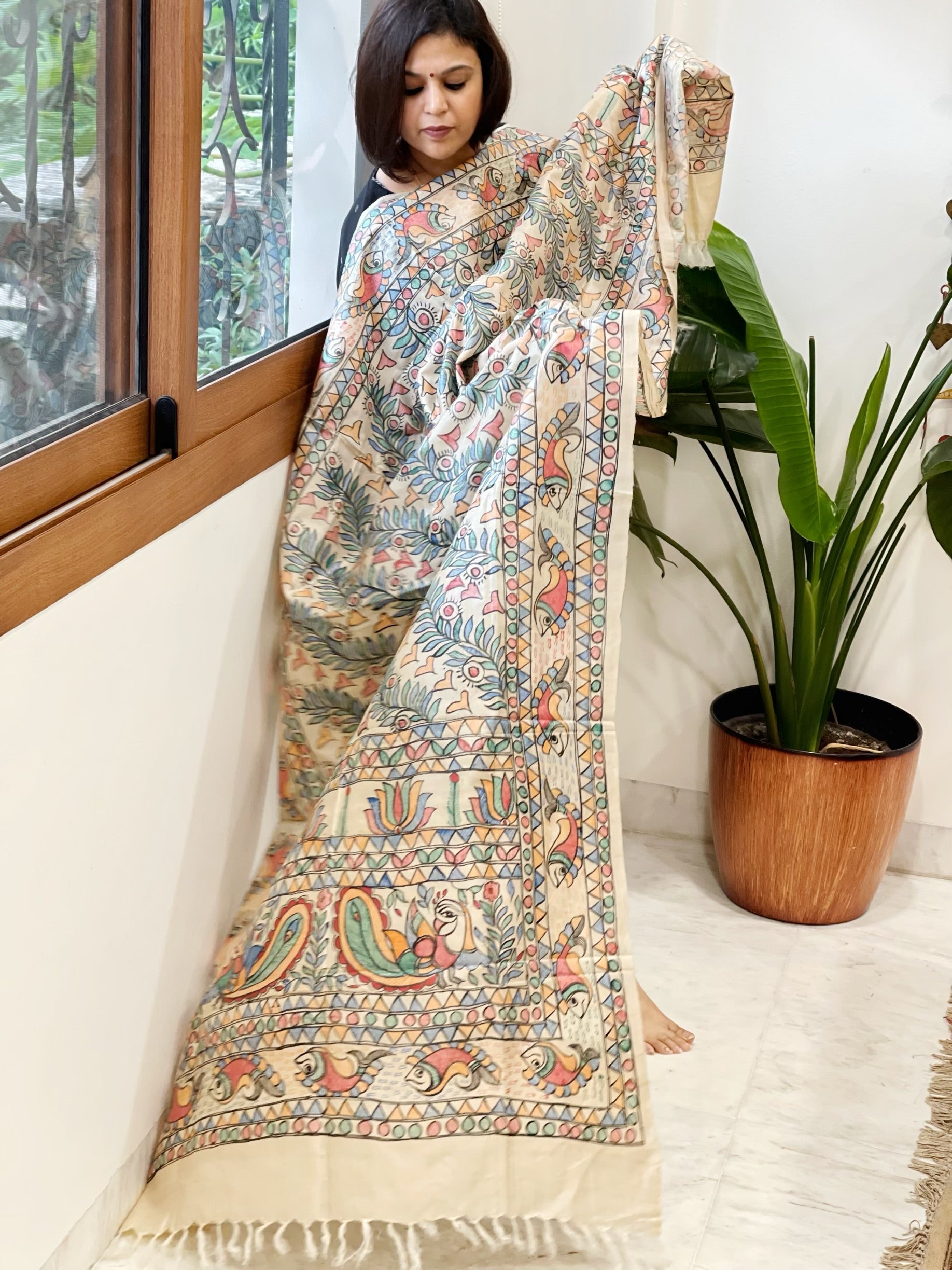 Handpainted Madhubani Dupatta in Pure Tussar Silk - Masakalee