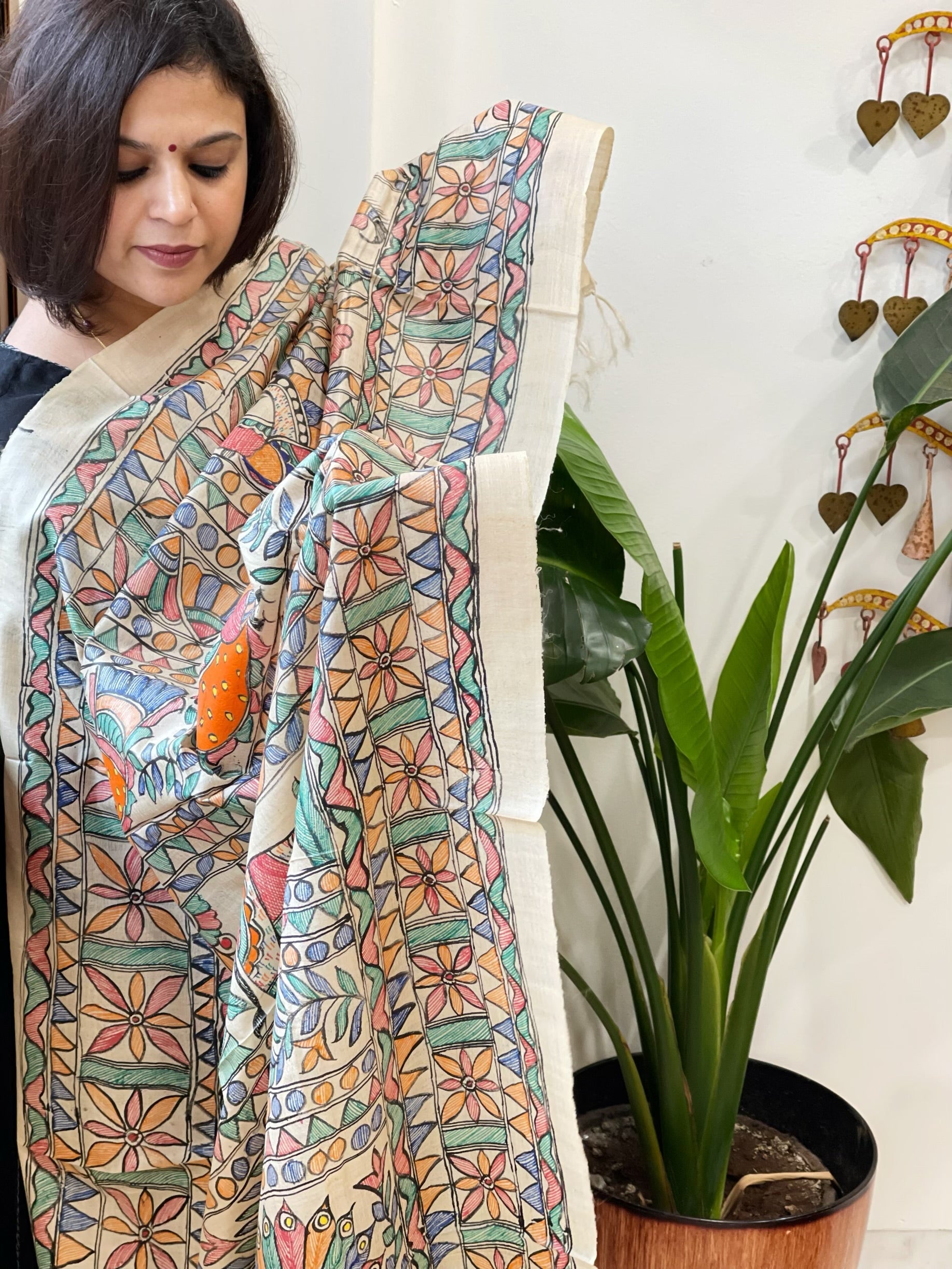 Handpainted Madhubani Dupatta in Pure Tussar Silk - Masakalee