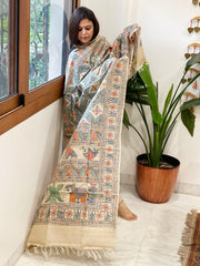 Handpainted Madhubani Dupatta in Pure Tussar Silk - Masakalee