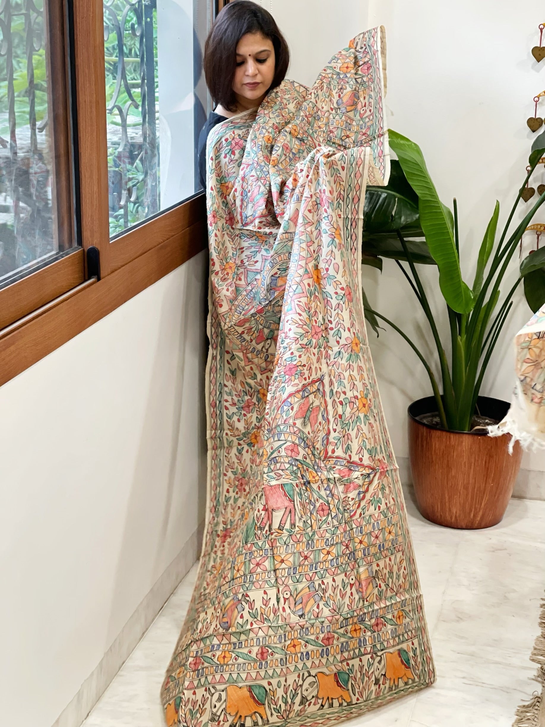 Handpainted Madhubani Dupatta in Pure Tussar Silk - Masakalee