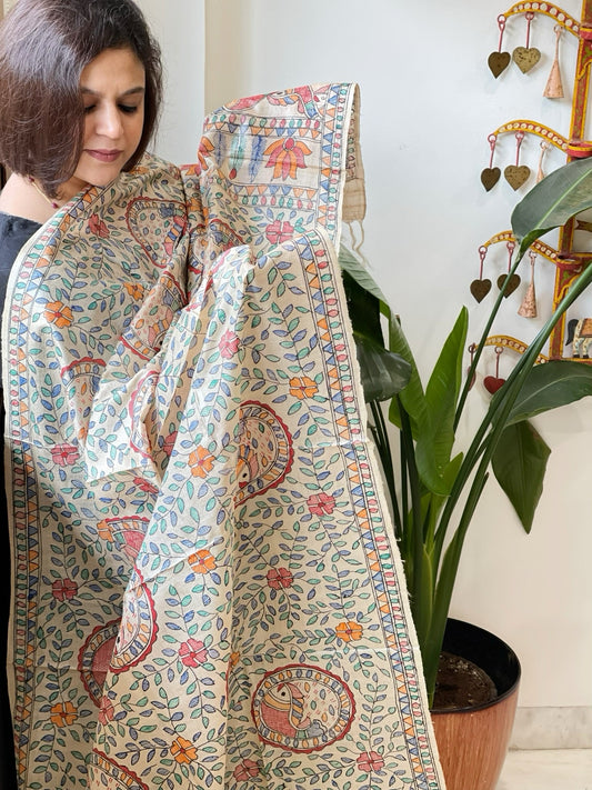 Handpainted Madhubani Dupatta in Pure Tussar Silk - Masakalee