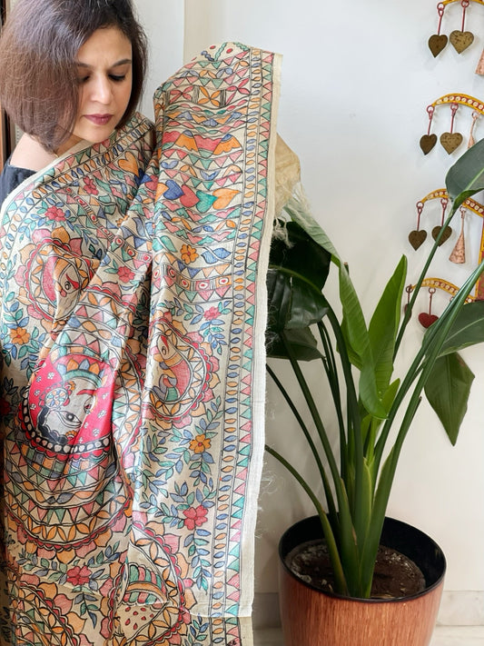 Handpainted Madhubani Dupatta in Pure Tussar Silk - Masakalee