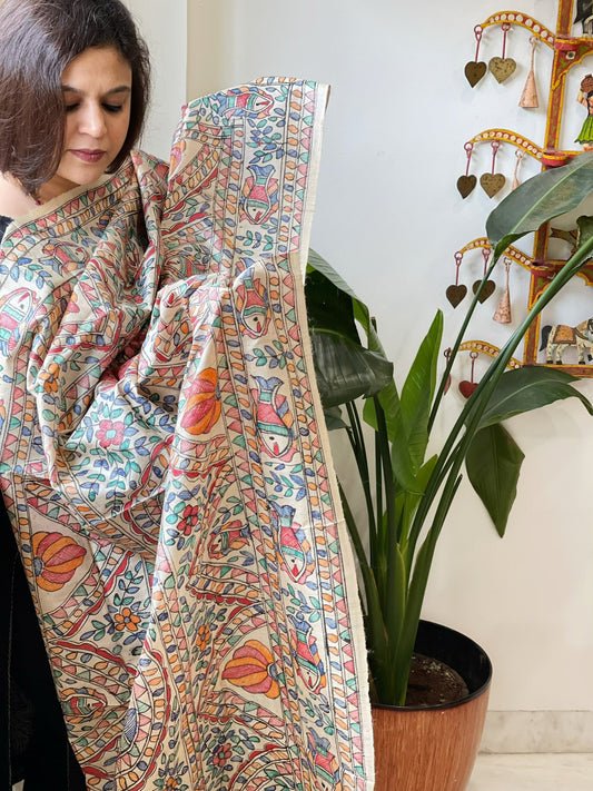 Handpainted Madhubani Dupatta in Pure Tussar Silk - Masakalee