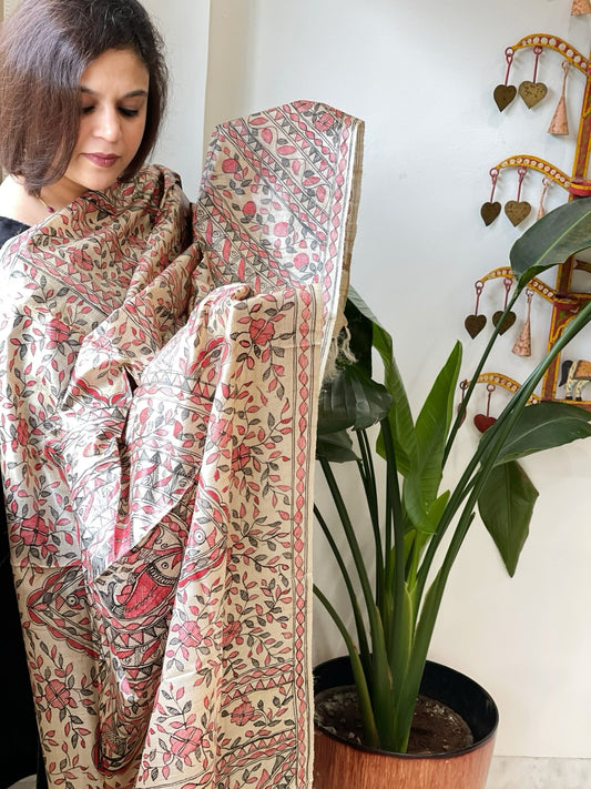Handpainted Madhubani Dupatta in Pure Tussar Silk - Masakalee