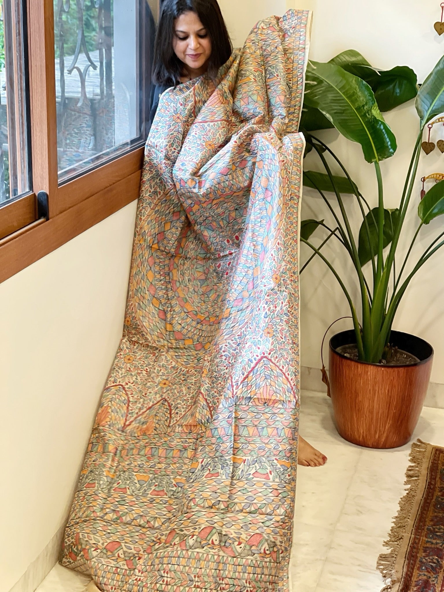 Handpainted Madhubani Dupatta in Pure Tussar Silk - Masakalee
