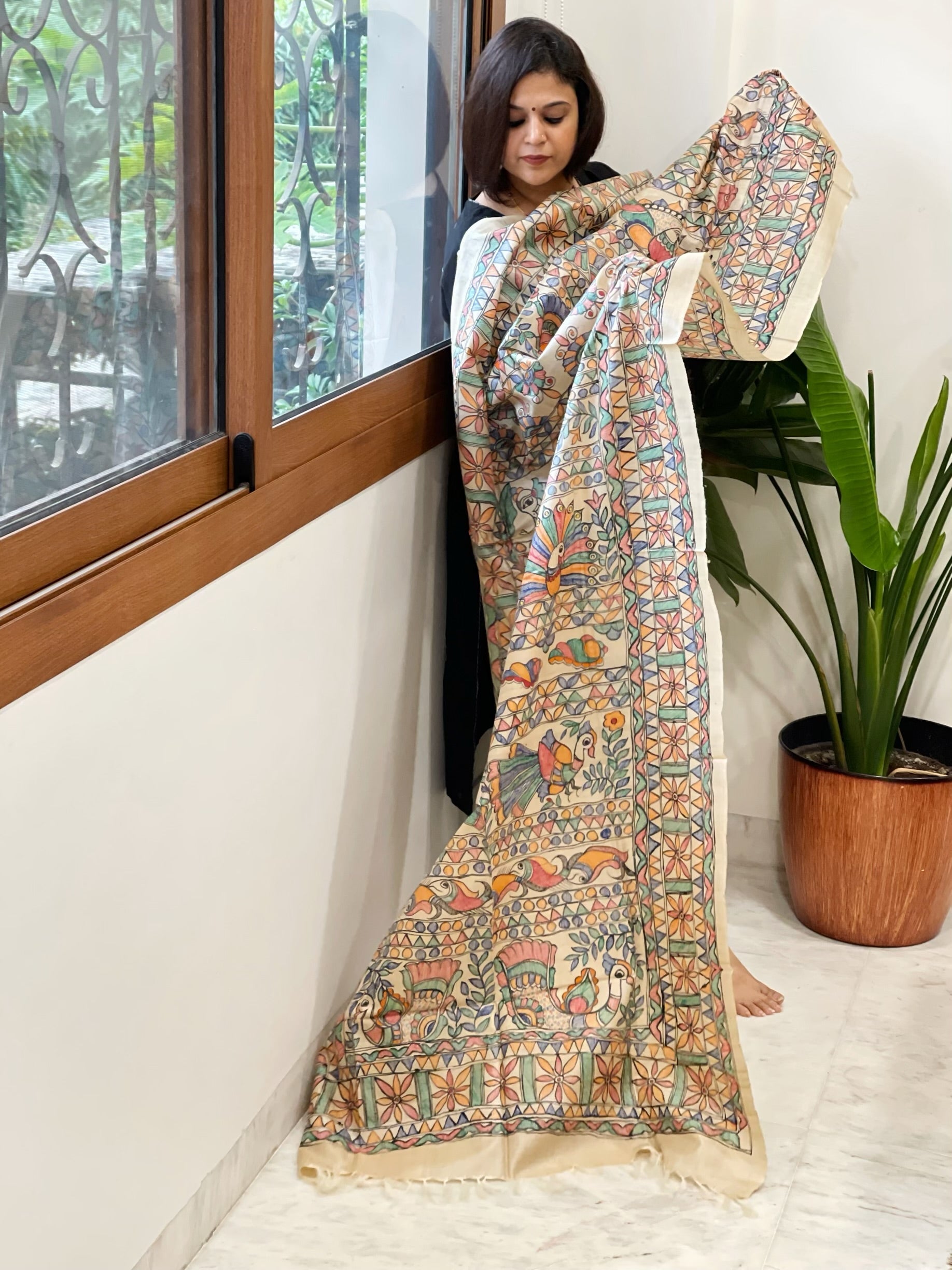 Handpainted Madhubani Dupatta in Pure Tussar Silk - Masakalee
