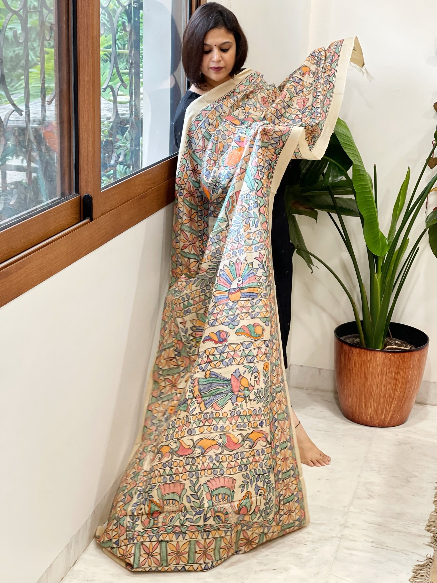 Handpainted Madhubani Dupatta in Pure Tussar Silk - Masakalee