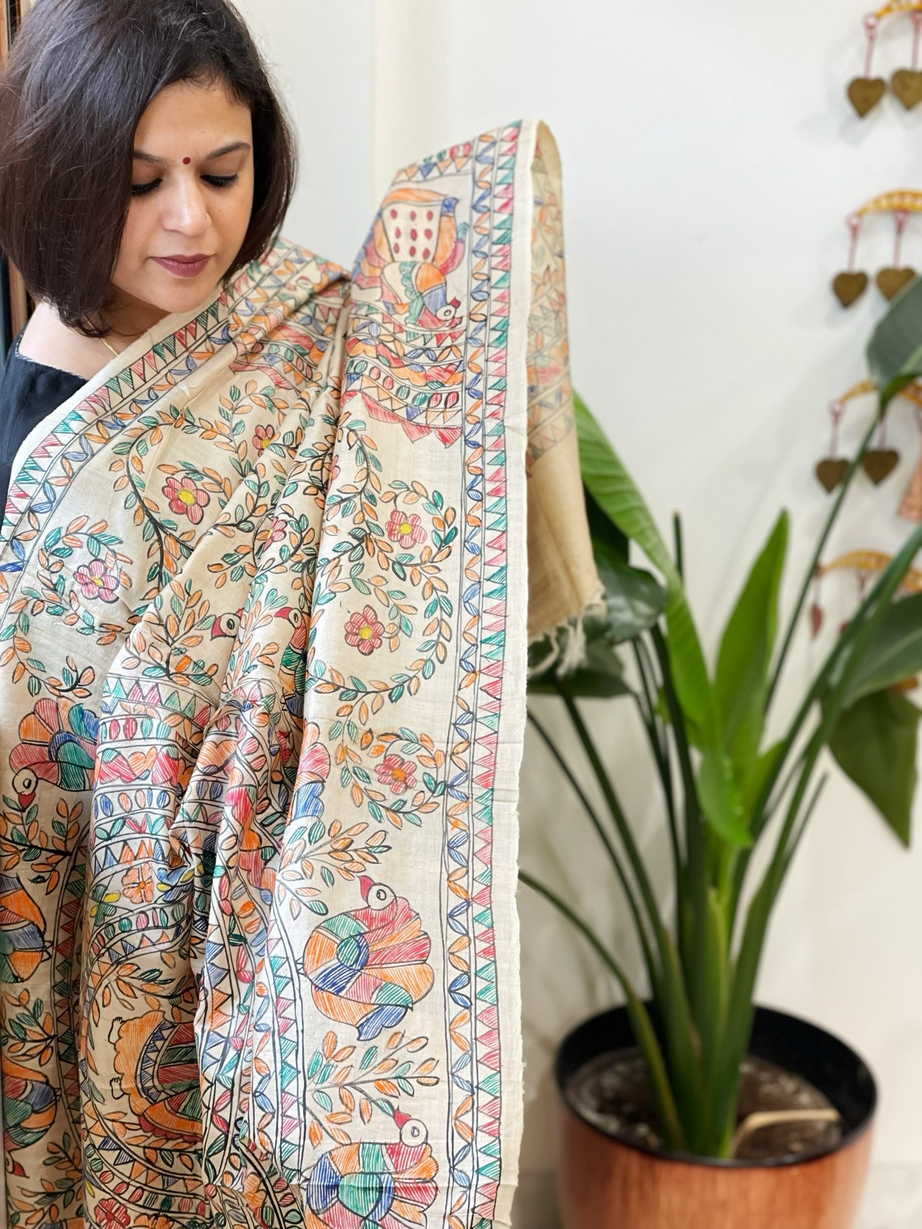 Handpainted Madhubani Dupatta in Pure Tussar Silk - Masakalee