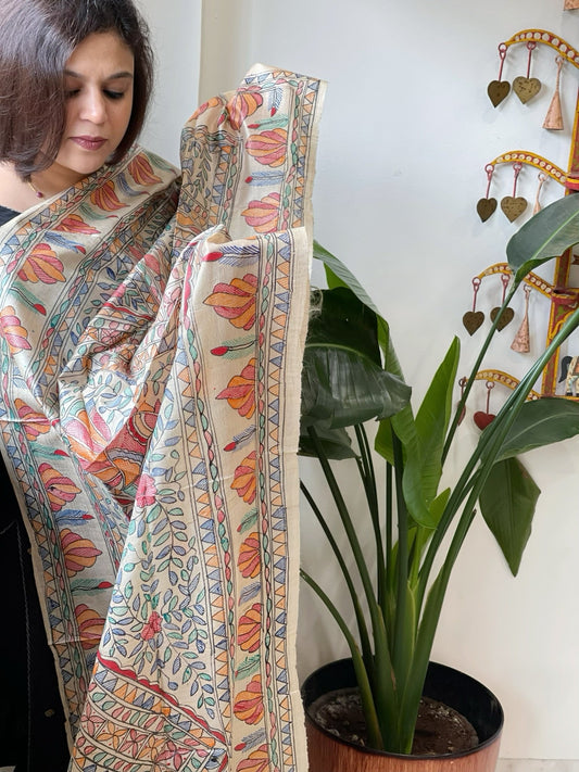 Handpainted Madhubani Dupatta in Pure Tussar Silk - Masakalee