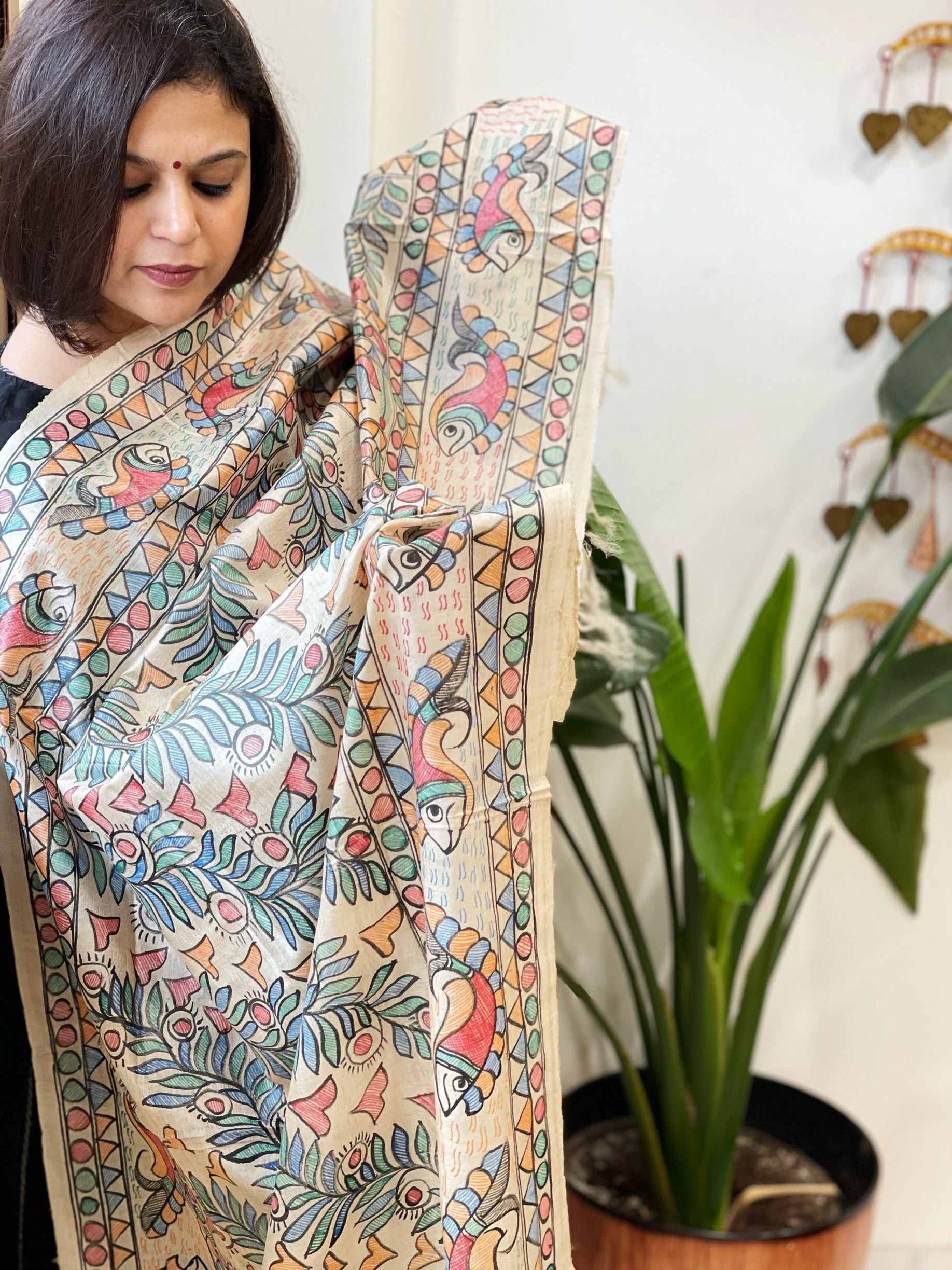 Handpainted Madhubani Dupatta in Pure Tussar Silk - Masakalee