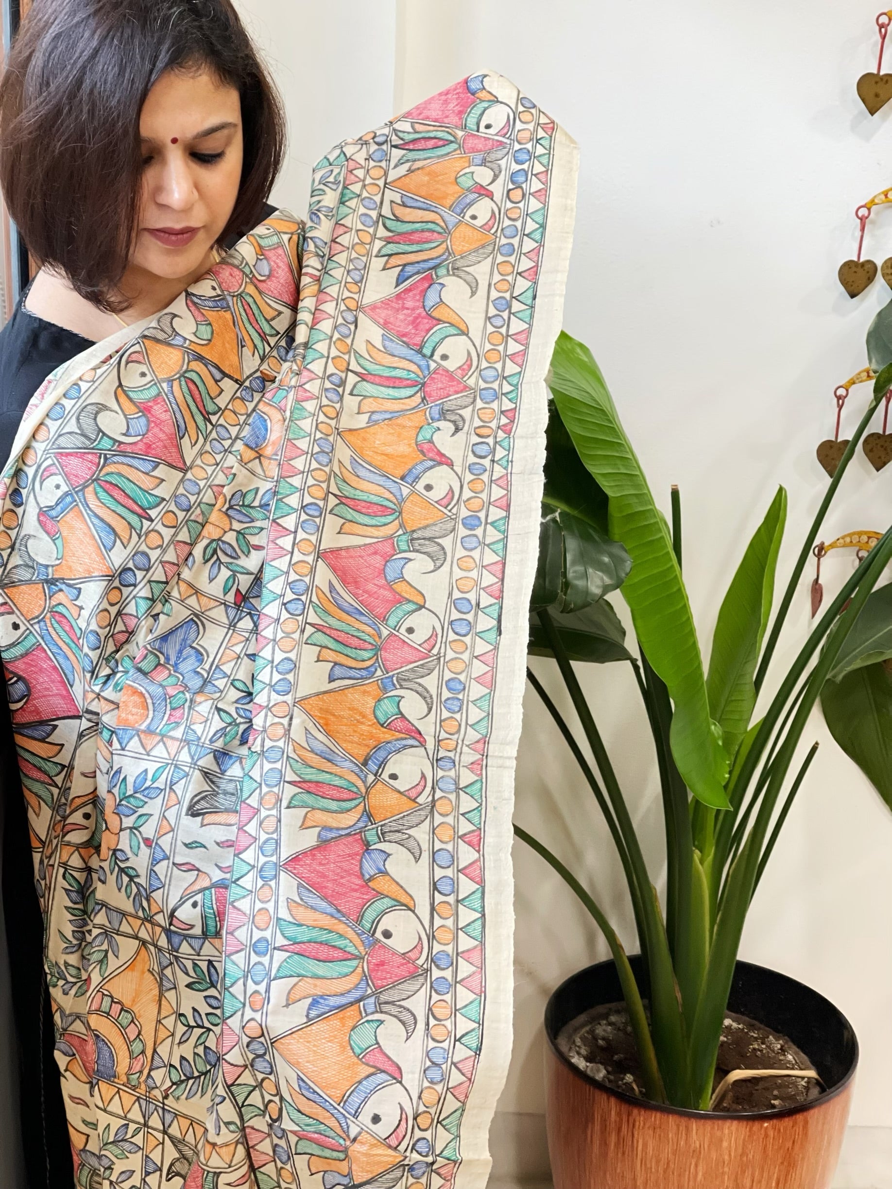 Handpainted Madhubani Dupatta in Pure Tussar Silk - Masakalee