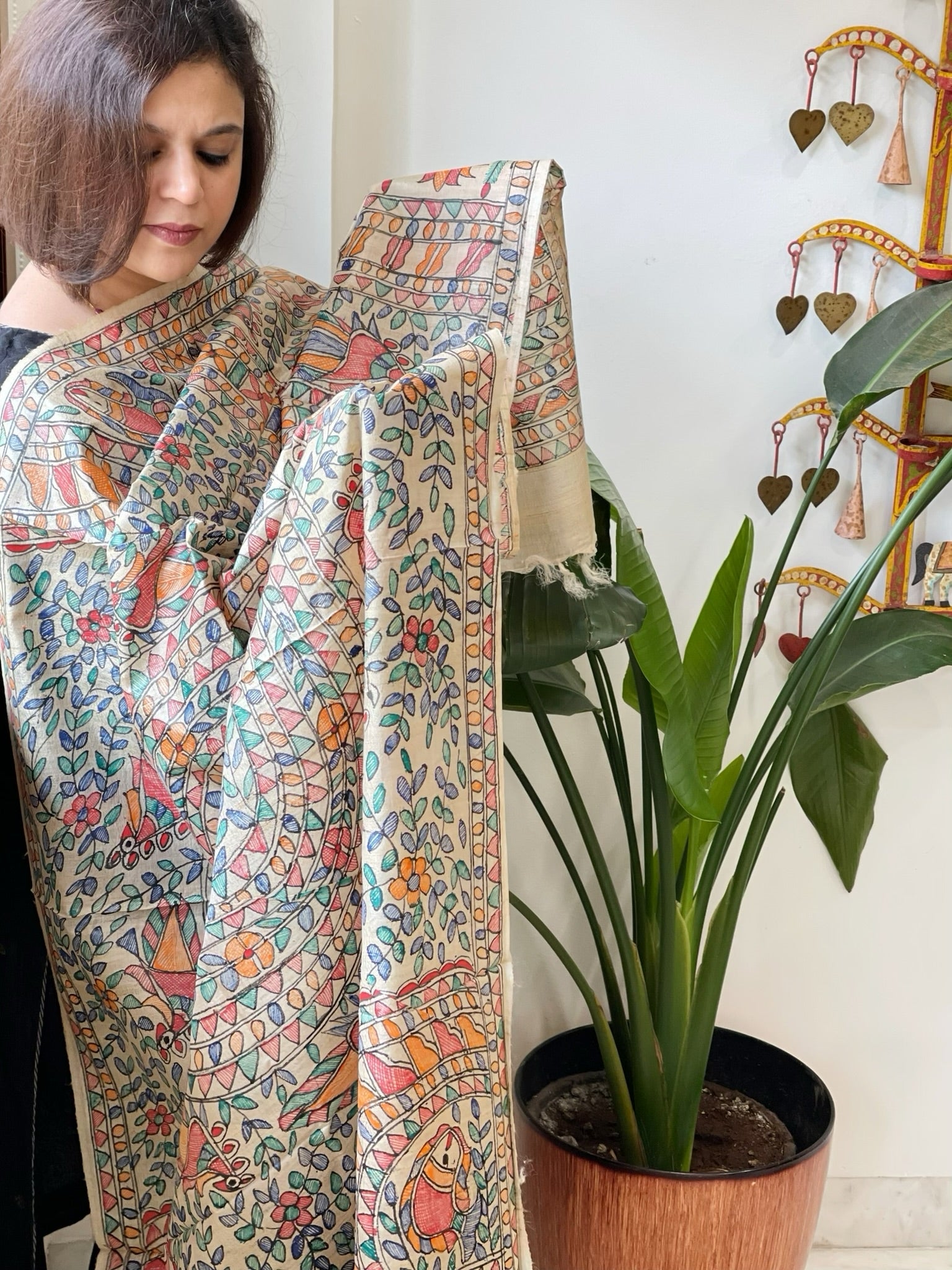 Handpainted Madhubani Dupatta in Pure Tussar Silk - Masakalee