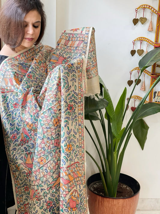 Handpainted Madhubani Dupatta in Pure Tussar Silk - Masakalee