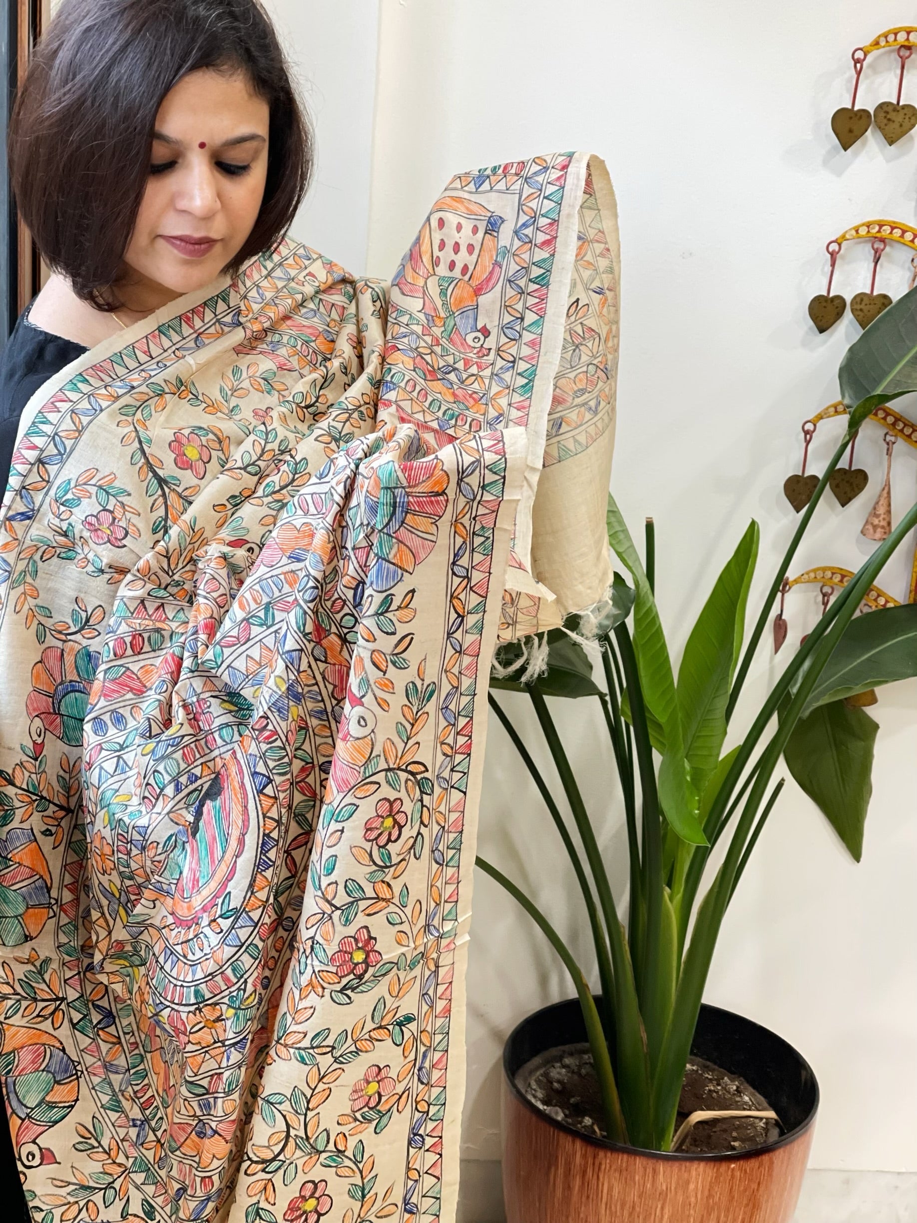 Handpainted Madhubani Dupatta in Pure Tussar Silk - Masakalee