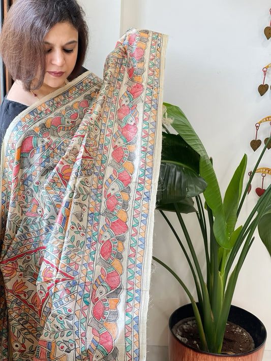 Handpainted Madhubani Dupatta in Pure Tussar Silk - Masakalee