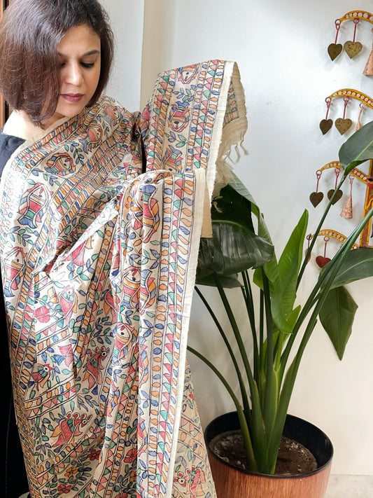 Handpainted Madhubani Dupatta in Pure Tussar Silk - Masakalee