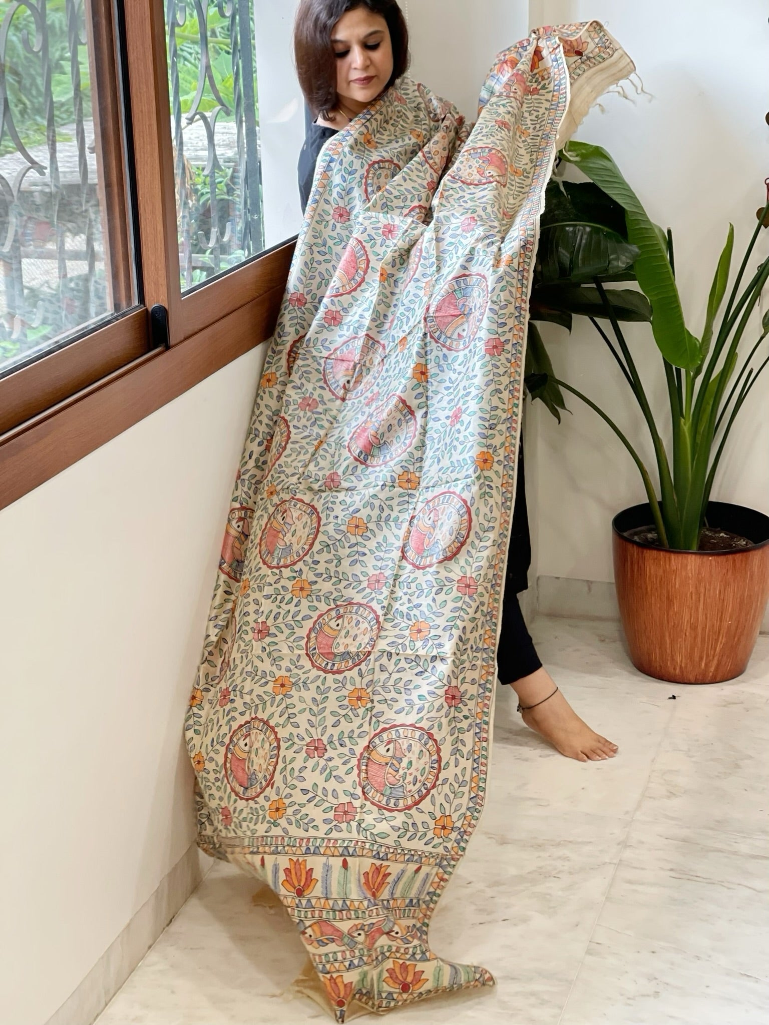 Handpainted Madhubani Dupatta in Pure Tussar Silk - Masakalee