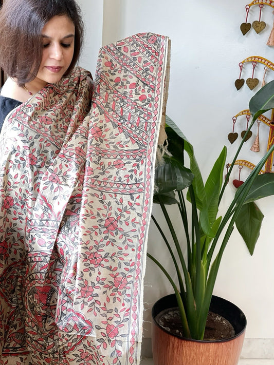 Handpainted Madhubani Dupatta in Pure Tussar Silk - Masakalee